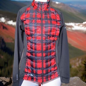 Karbon outdoor active jacket, black red check, body con, EUC, Sz M
